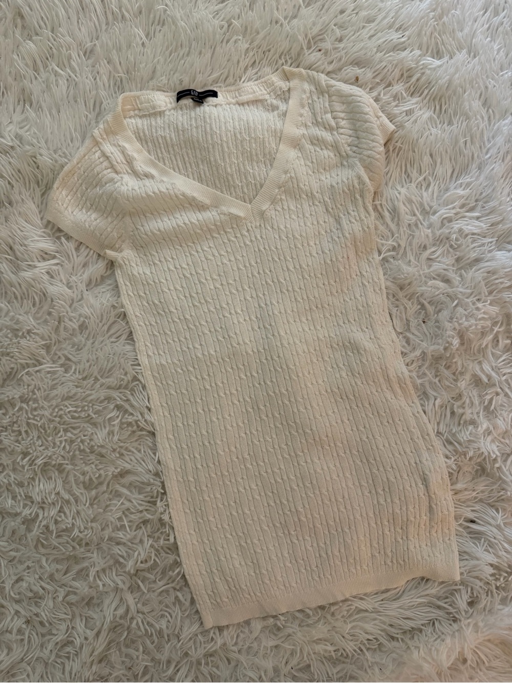 GAP Cream Ivory Cable Knit V-Neck Short Sleeve Sweater Top Size M
